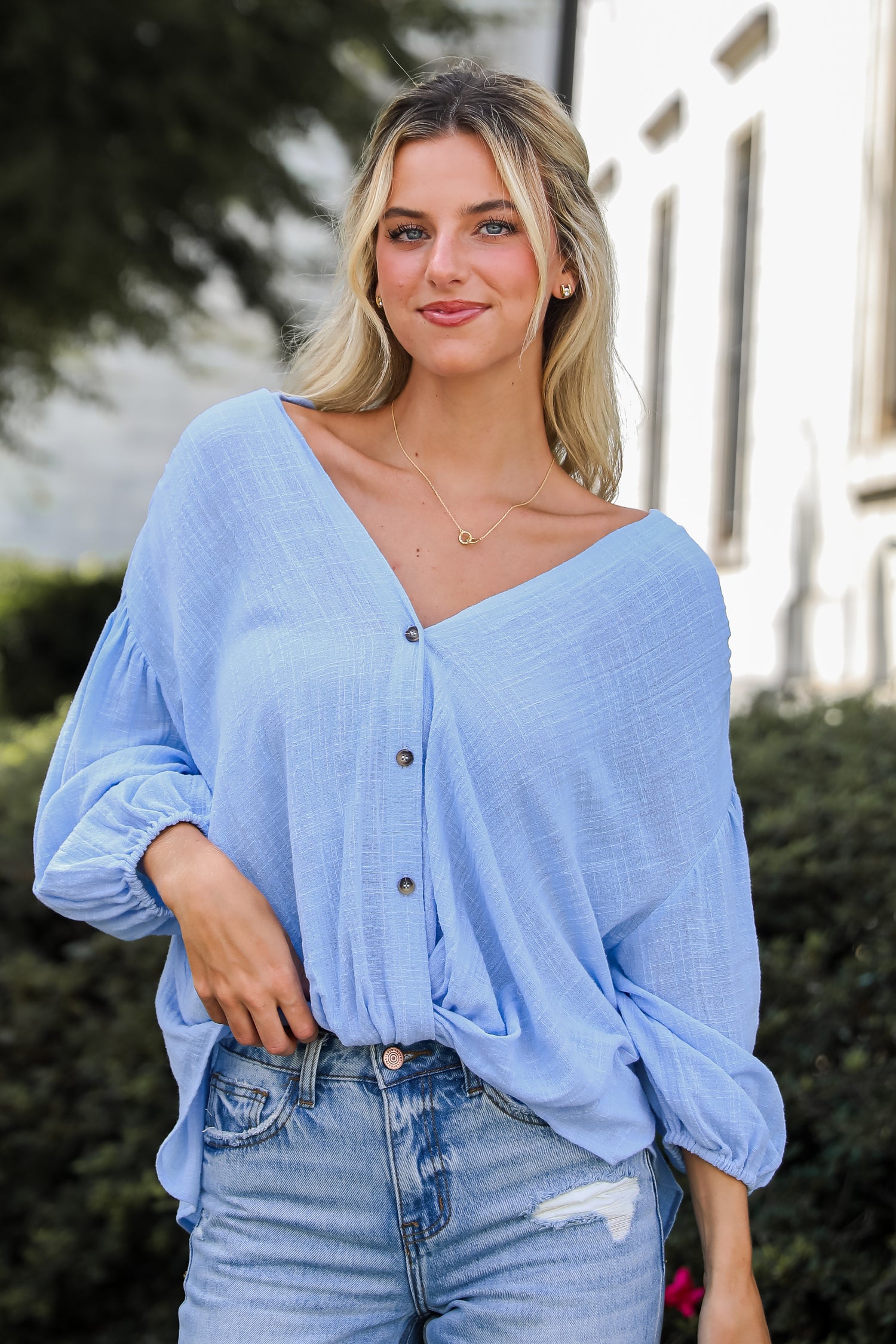 Sleek Dedication Light Blue Linen Blouse