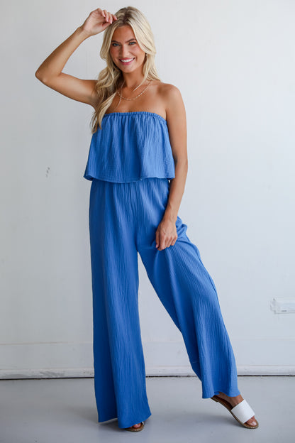 Celebrate In Style Blue Linen Strapless Jumpsuit