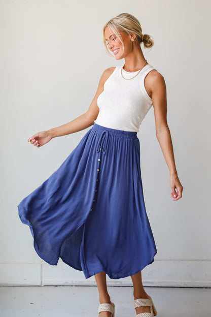 Sweetly Sophisticated Blue Button Front Midi Skirt