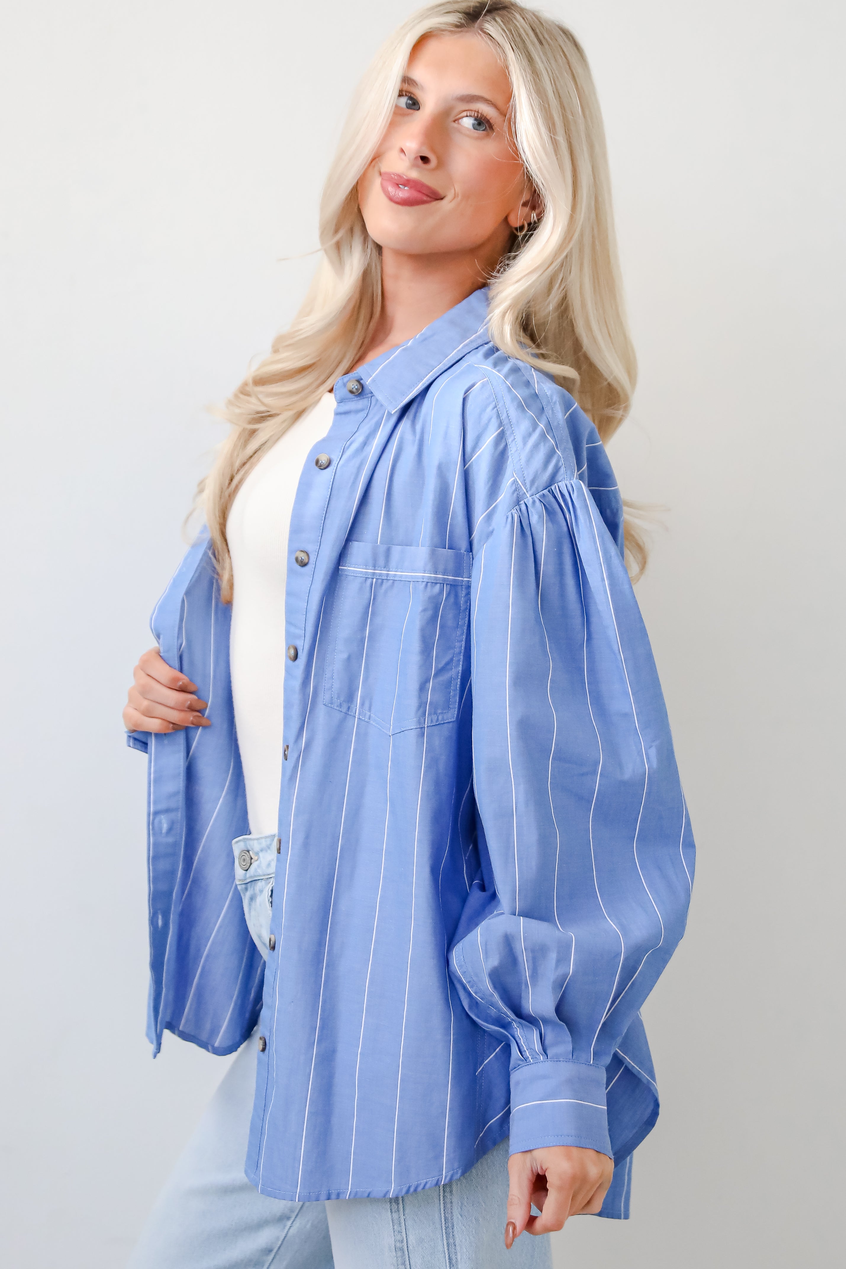 Polished Attitude Blue Pinstripe Button-Up Blouse