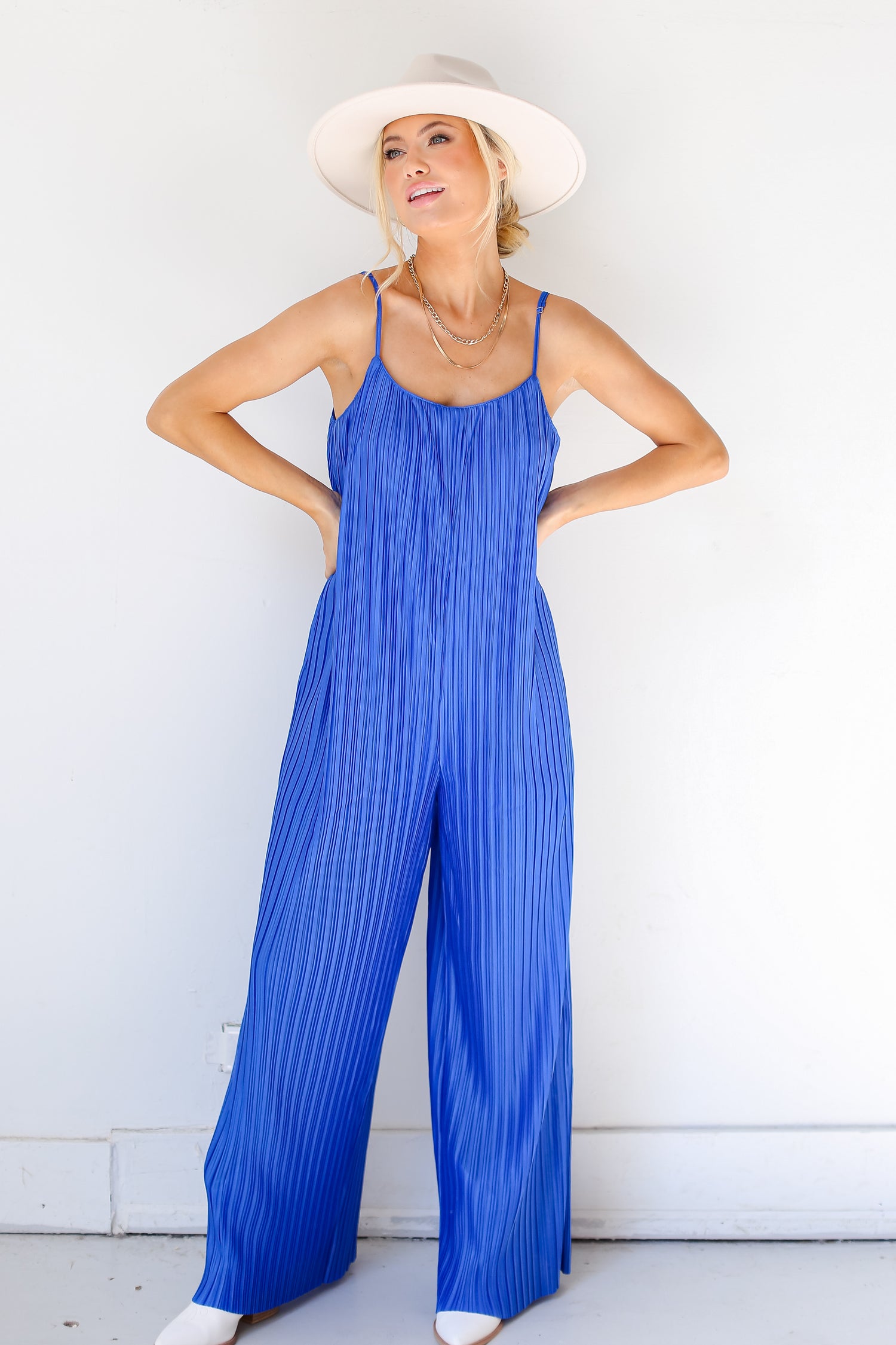 blue Plisse Jumpsuit on model