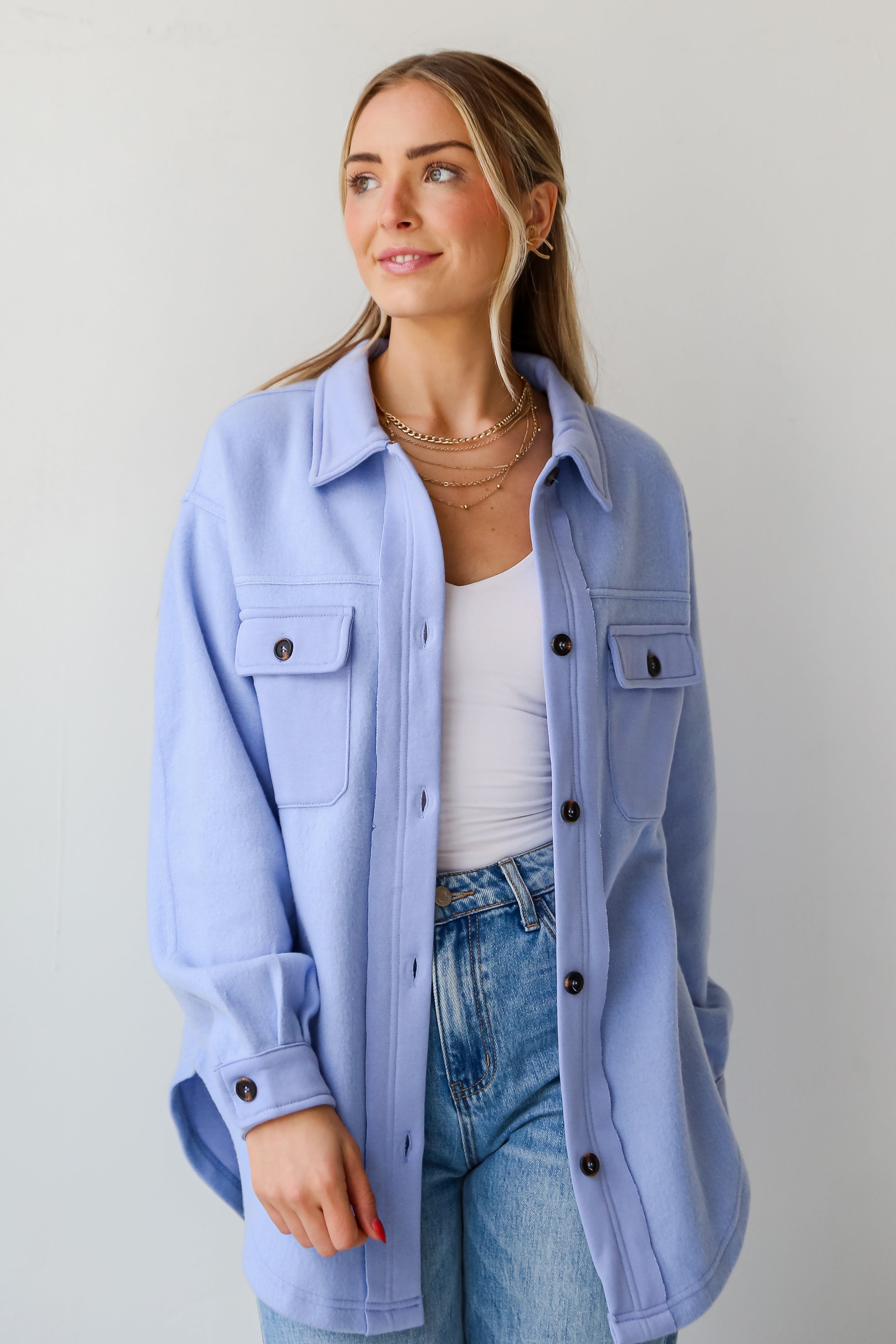 trendy Blue Brushed Knit Shacket