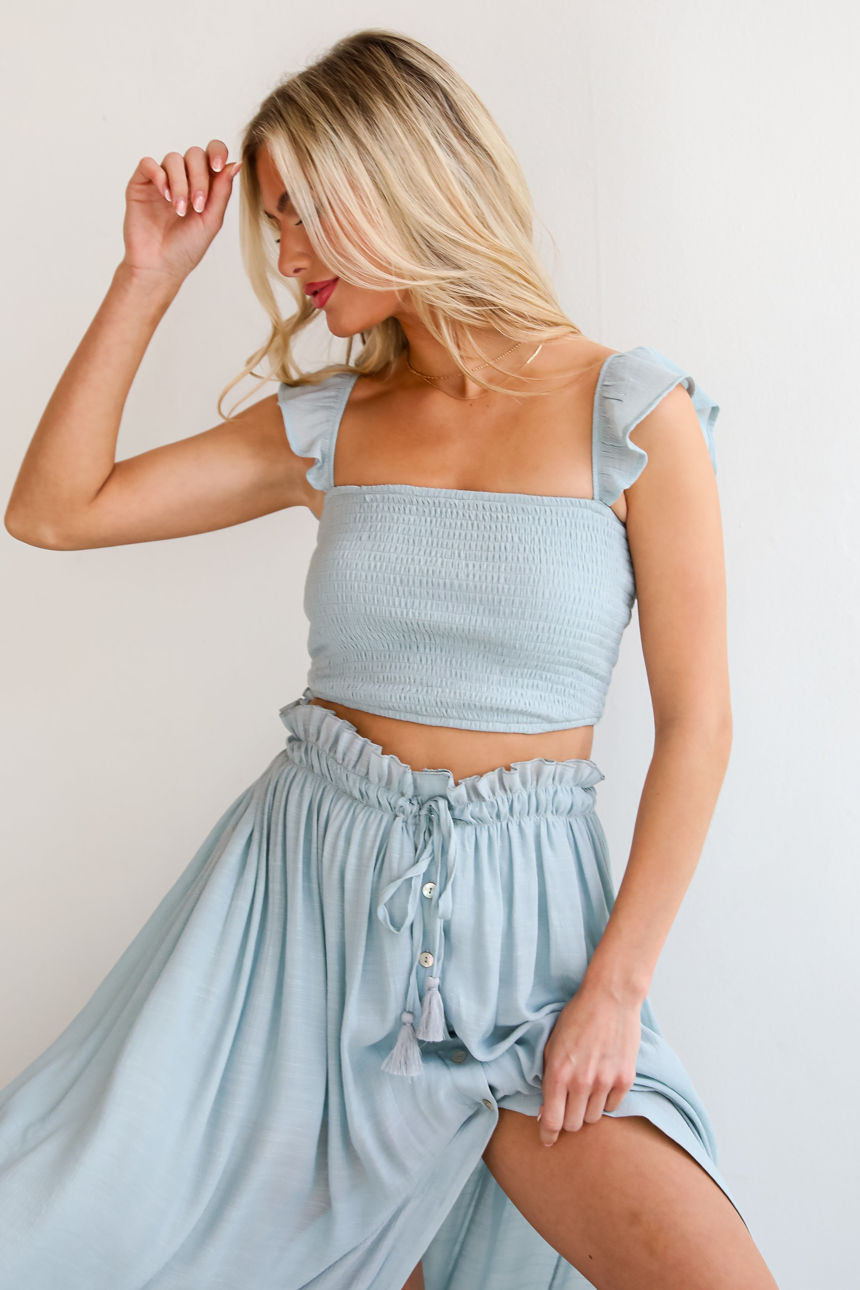 Sunny Impression Blue Smocked Cropped Tank womens Blue Smocked Cropped Tank