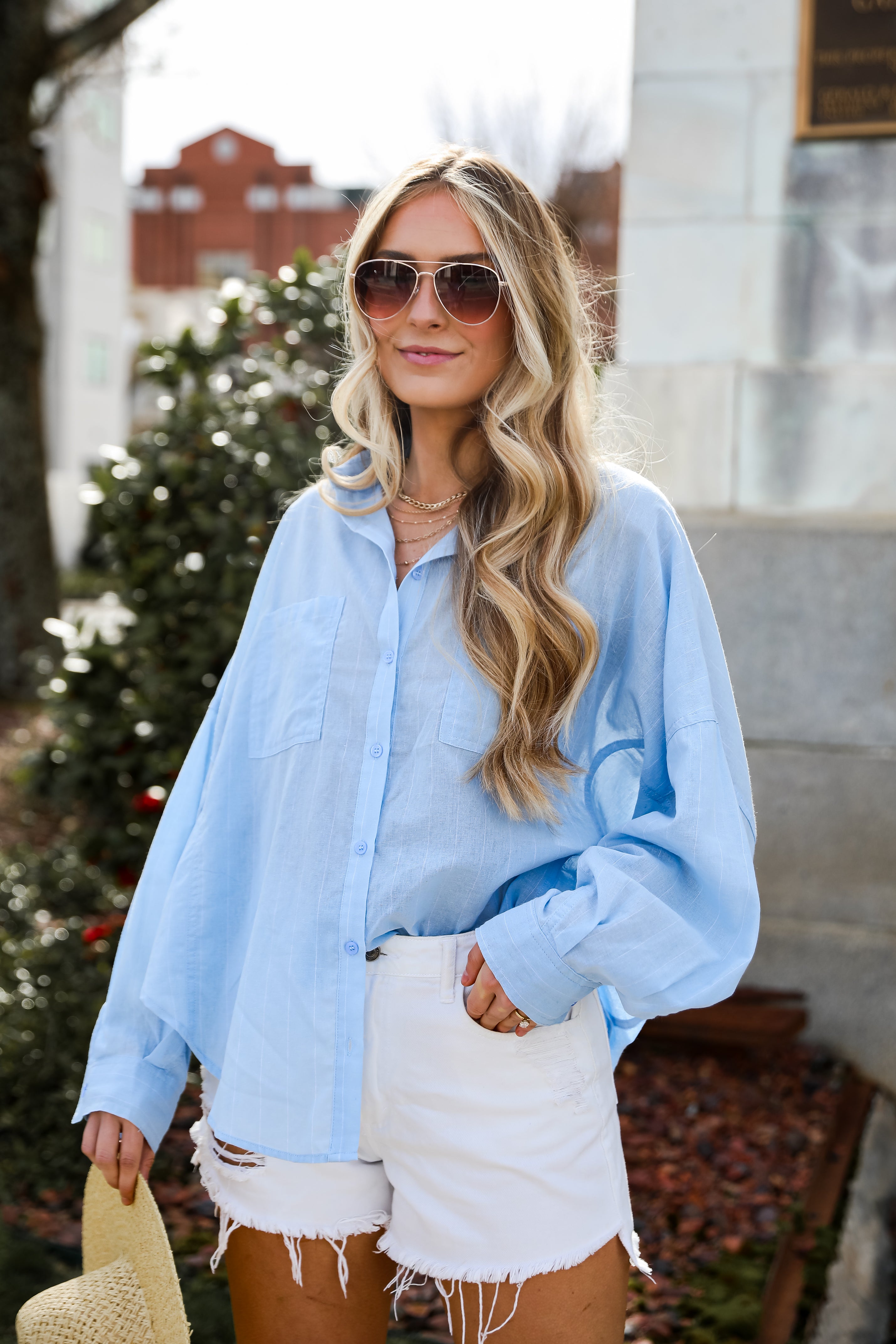 light blue Pinstripe Oversized Button-Up Blouse