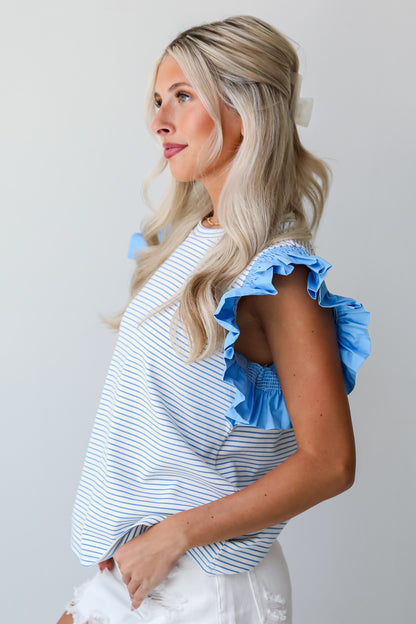 Blue Striped Ruffle Sleeve Blouse