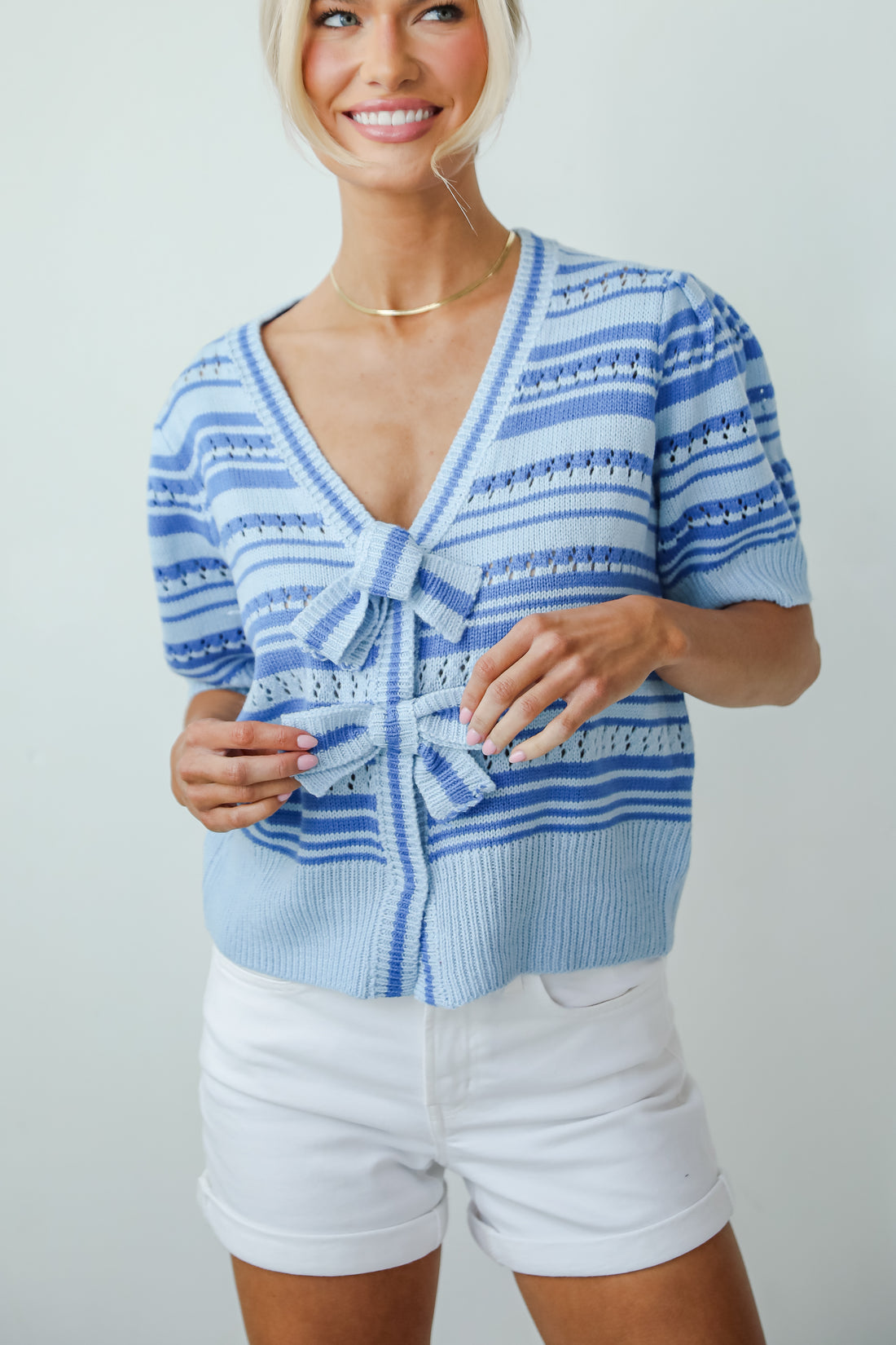 Lavish Coziness Light Blue Striped Bow Sweater Top