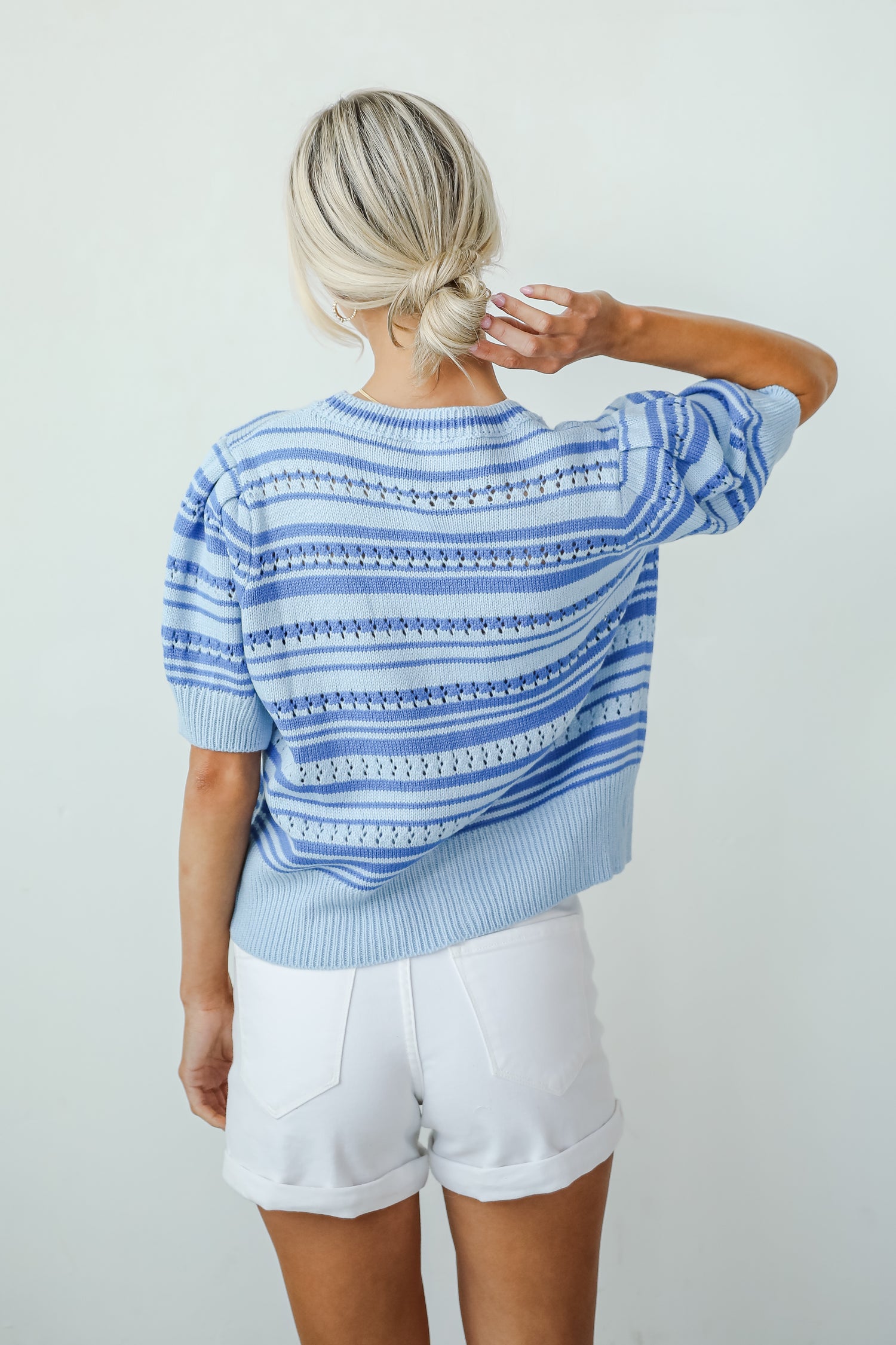 Lavish Coziness Light Blue Striped Bow Sweater Top