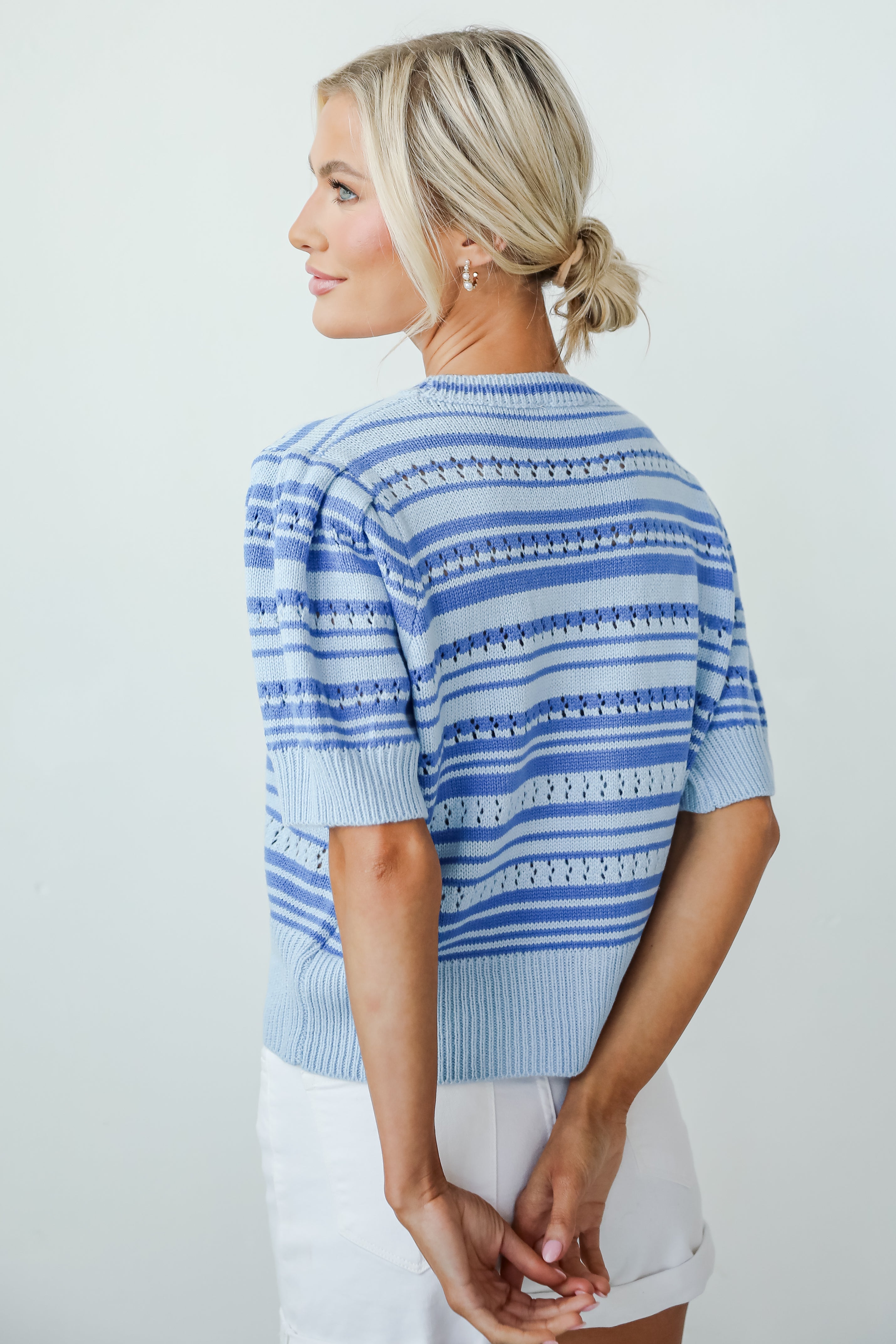 Lavish Coziness Light Blue Striped Bow Sweater Top