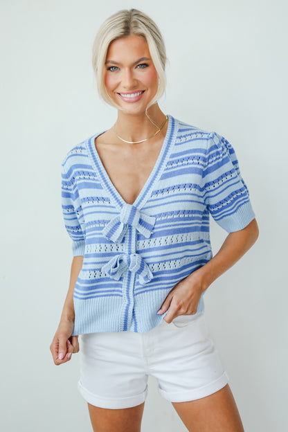 Lavish Coziness Light Blue Striped Bow Sweater Top