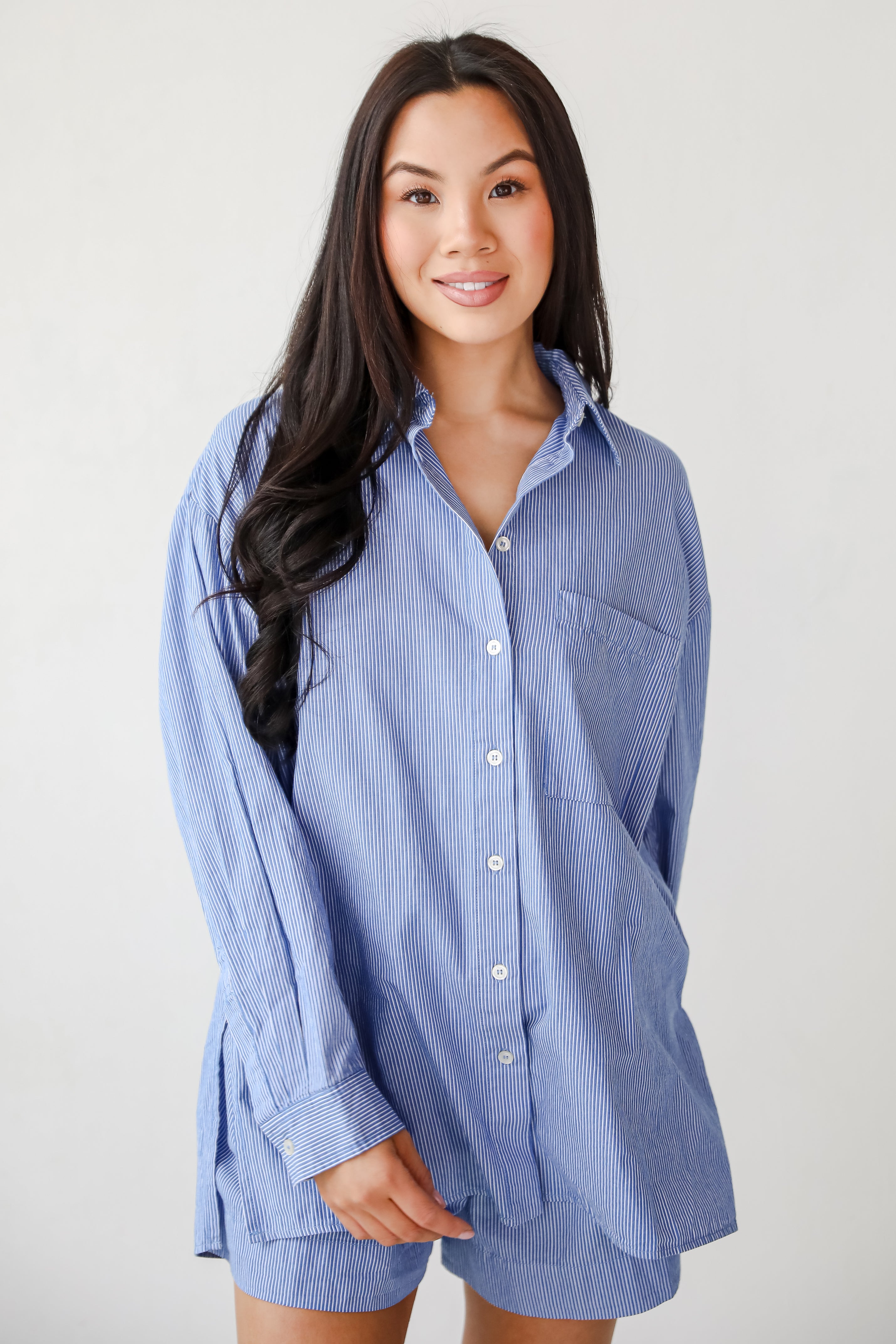 Vacation Sun Blue Striped Button-Up Blouse