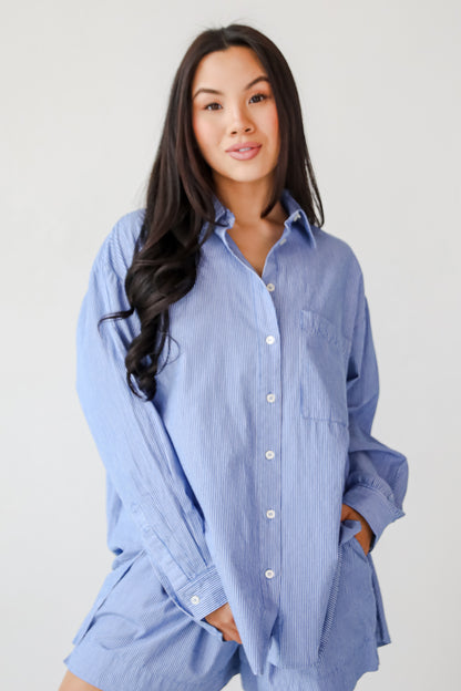 Vacation Sun Blue Striped Button-Up Blouse