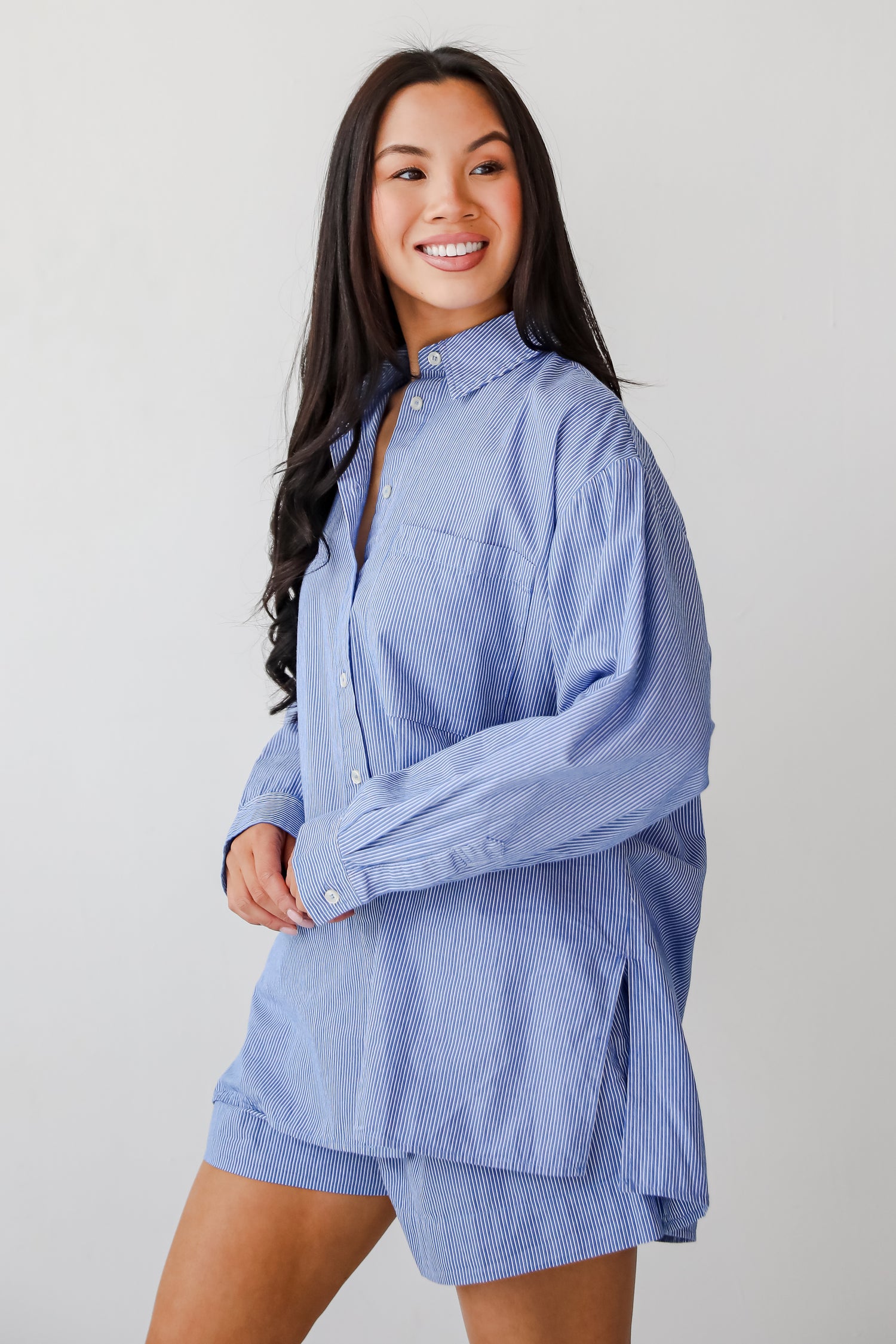 Vacation Sun Blue Striped Button-Up Blouse