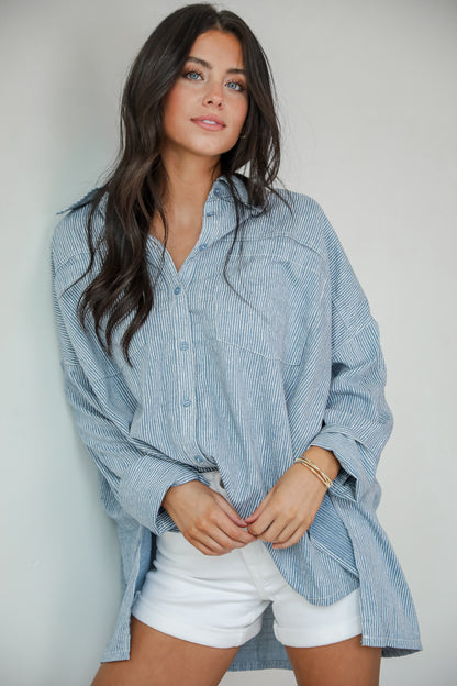 Wave Maker Blue Striped Button-Up Blouse