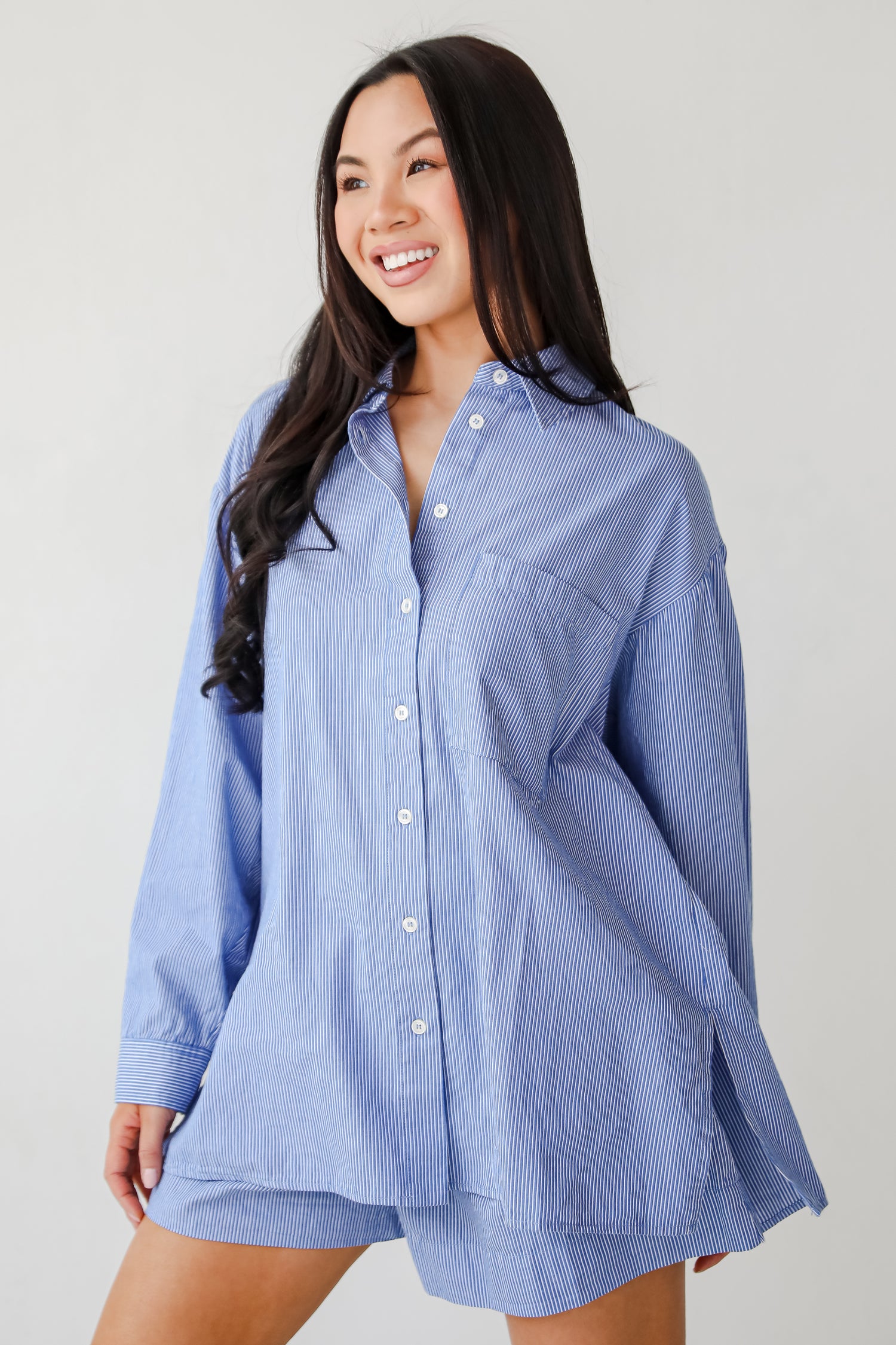 Vacation Sun Blue Striped Button-Up Blouse