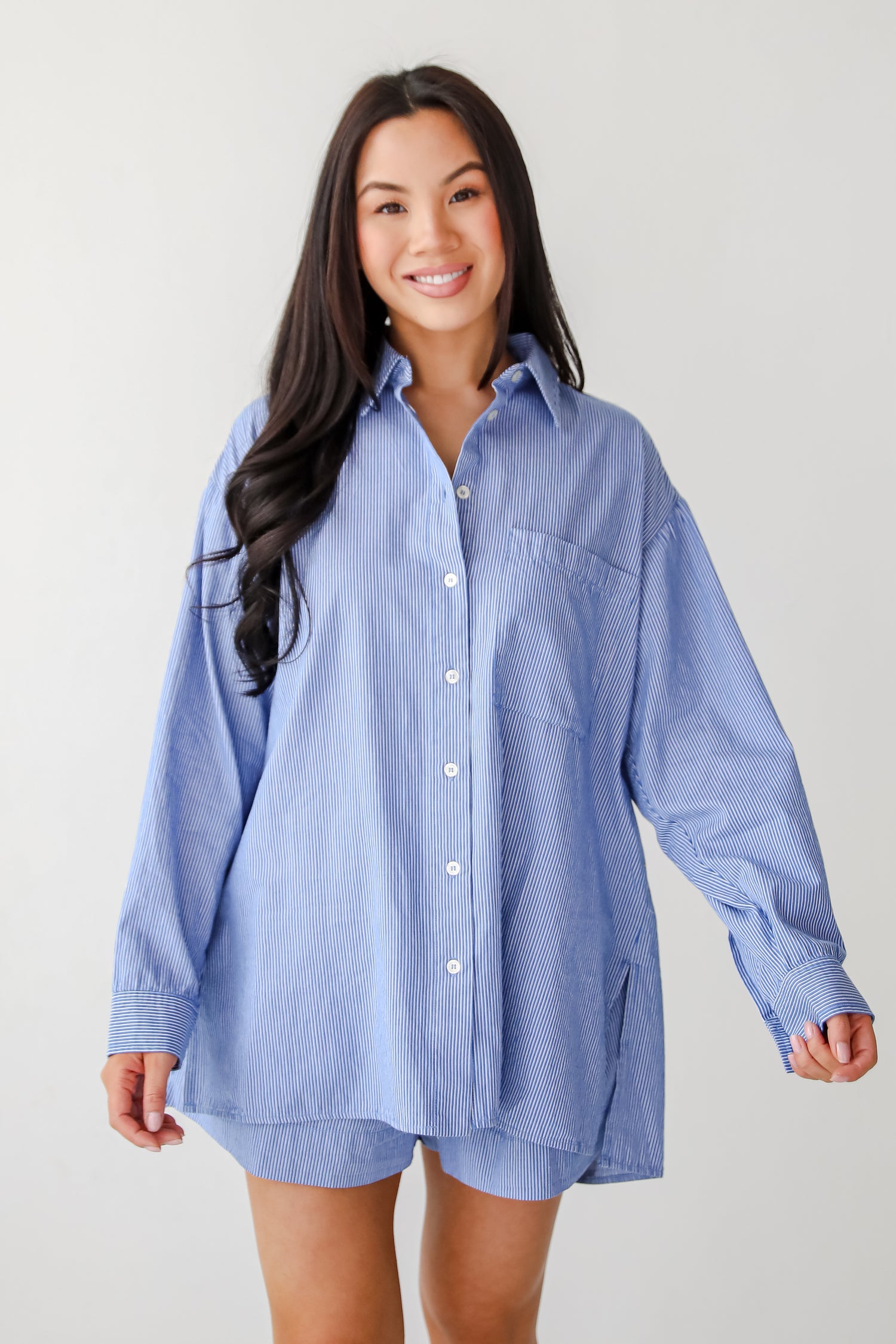 Vacation Sun Blue Striped Button-Up Blouse