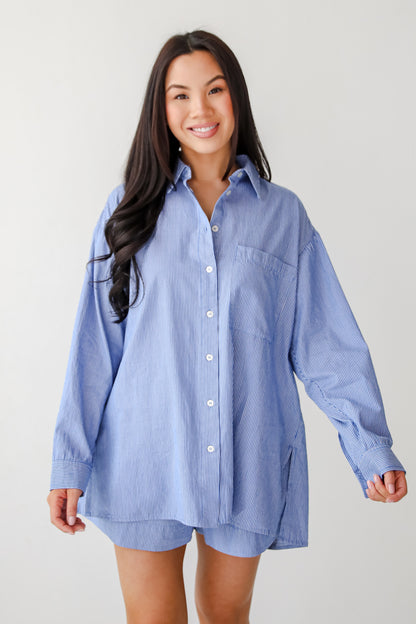 Vacation Sun Blue Striped Button-Up Blouse