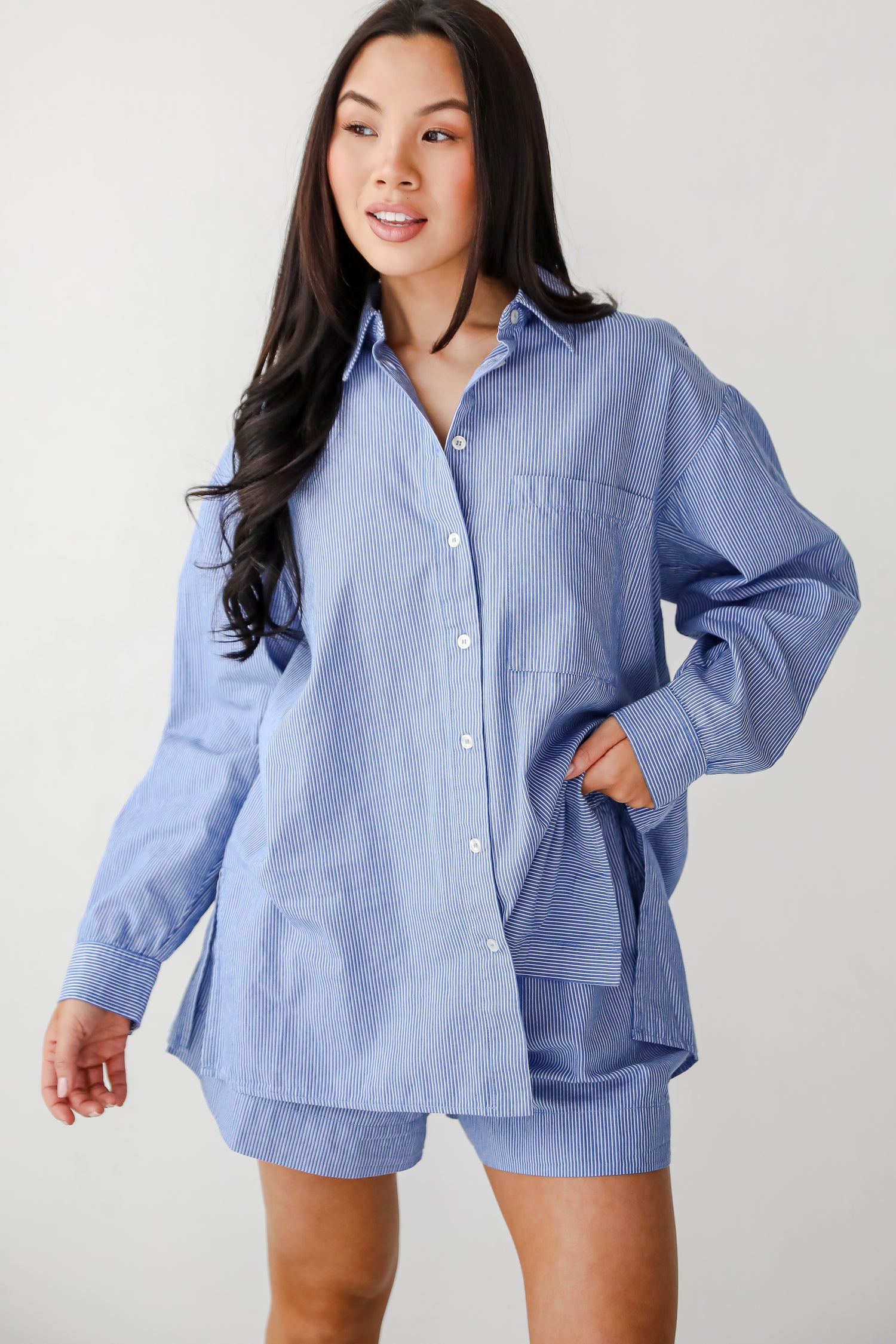 Vacation Sun Blue Striped Button-Up Blouse