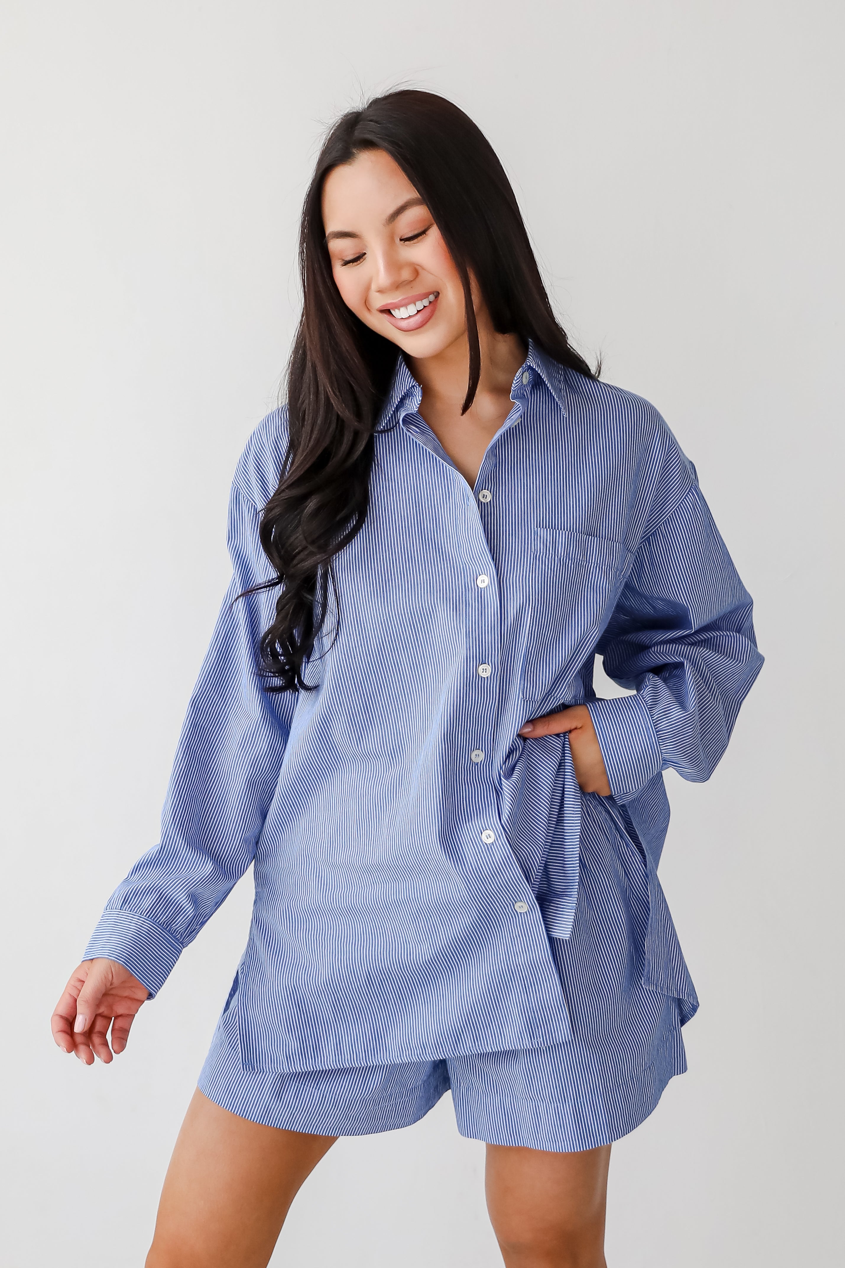 Vacation Sun Blue Striped Button-Up Blouse