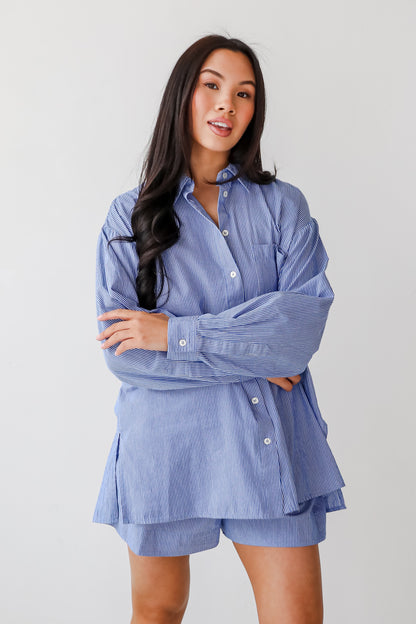 Vacation Sun Blue Striped Button-Up Blouse