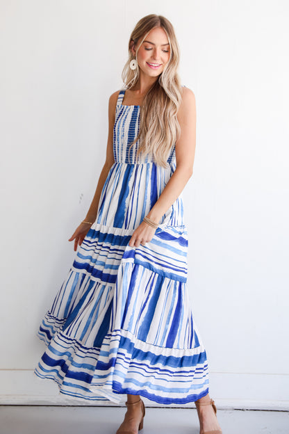 Impressively Darling Blue Striped Tiered Maxi Dress