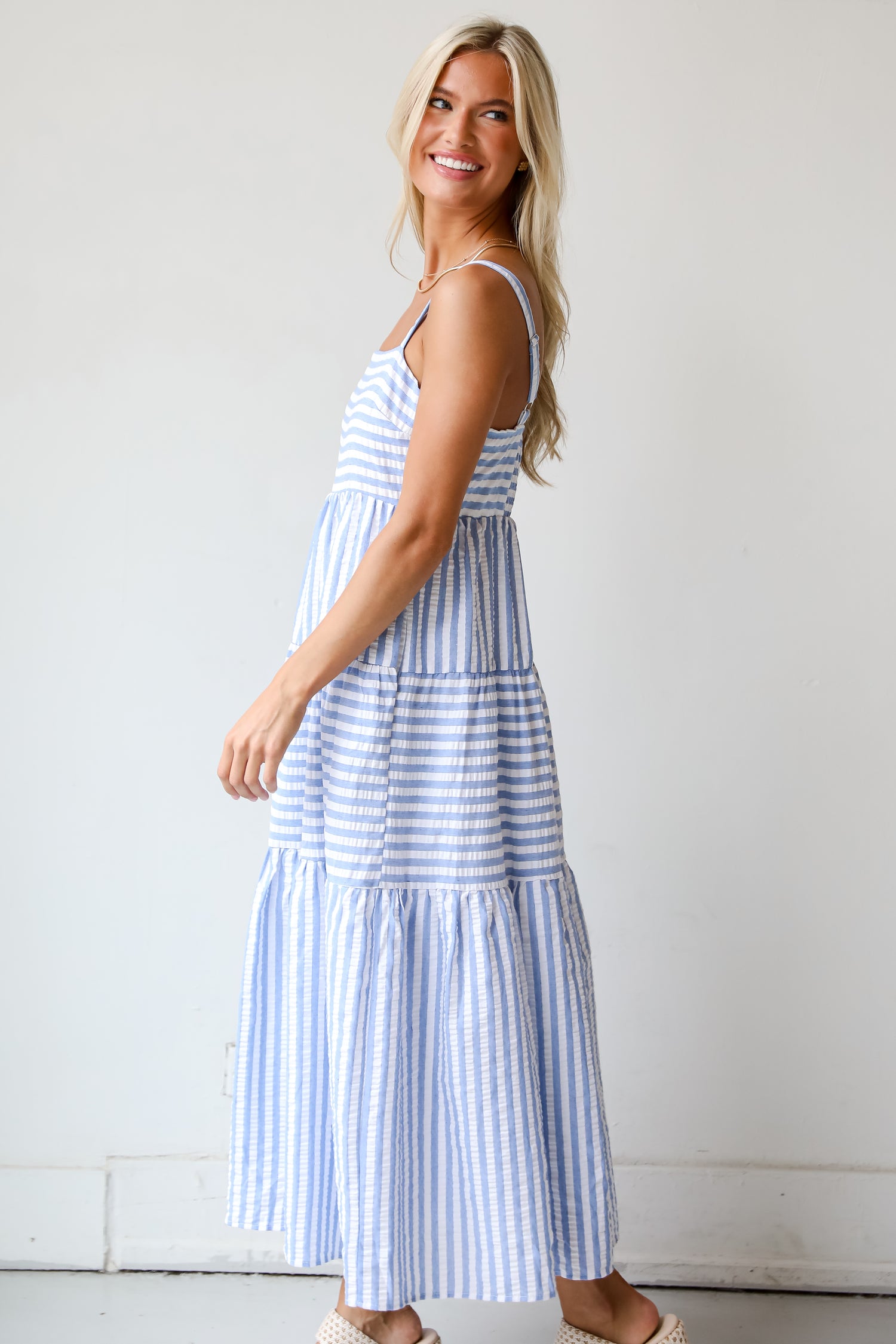 Sunny Aspirations Blue Striped Tiered Maxi Dress