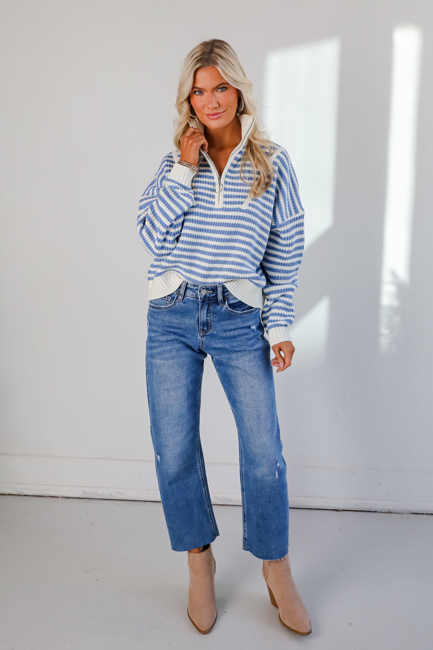 Beloved Presence Striped Quarter Zip Sweater