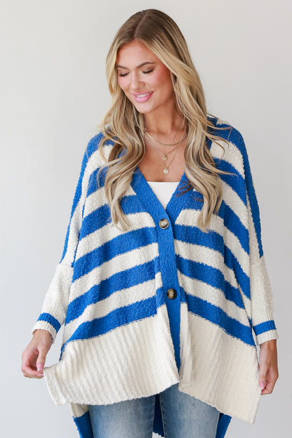 cozy Blue Oversized Striped Cardigan