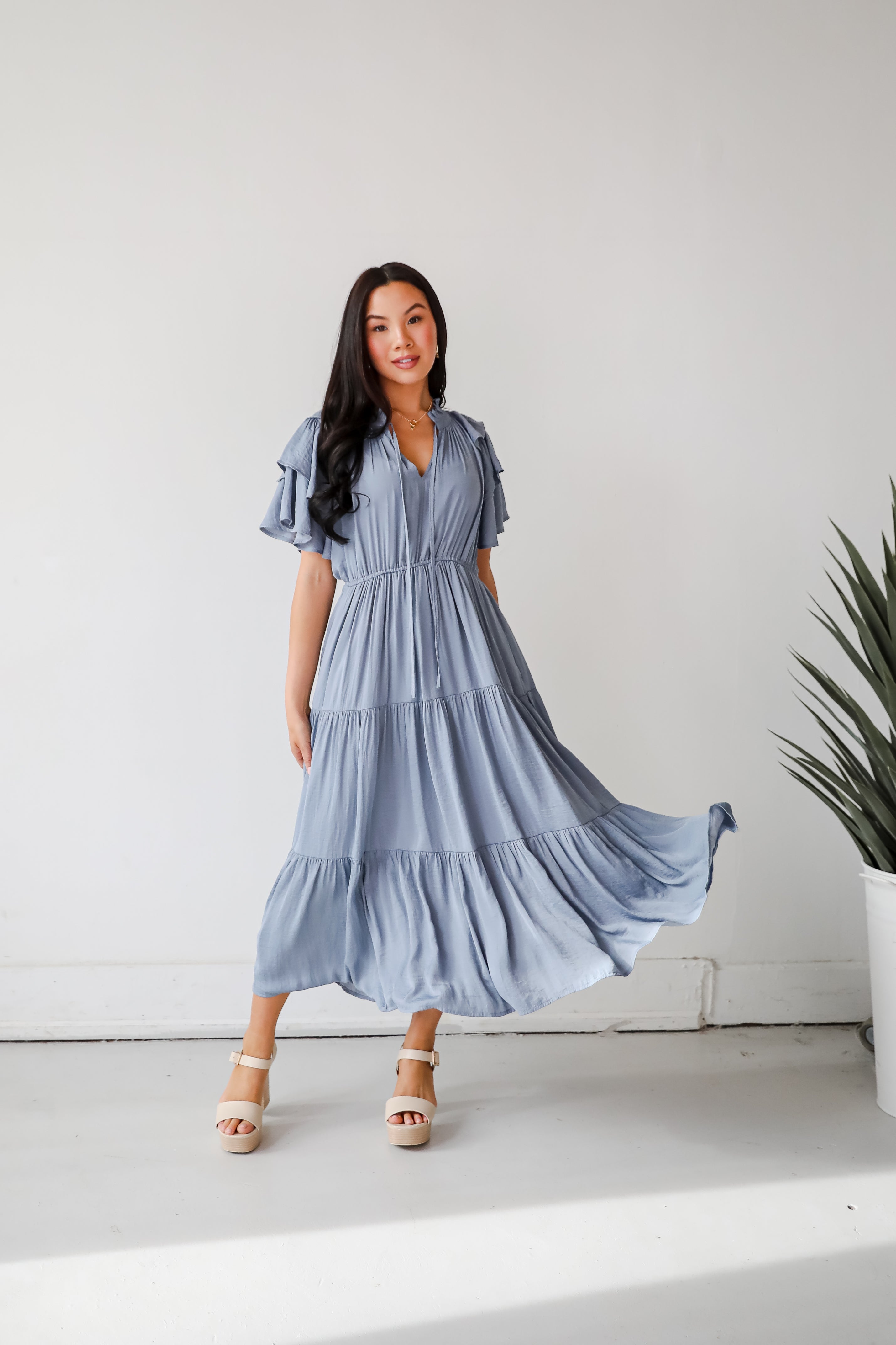 Perfectly Charming Blue Tiered Midi Dress