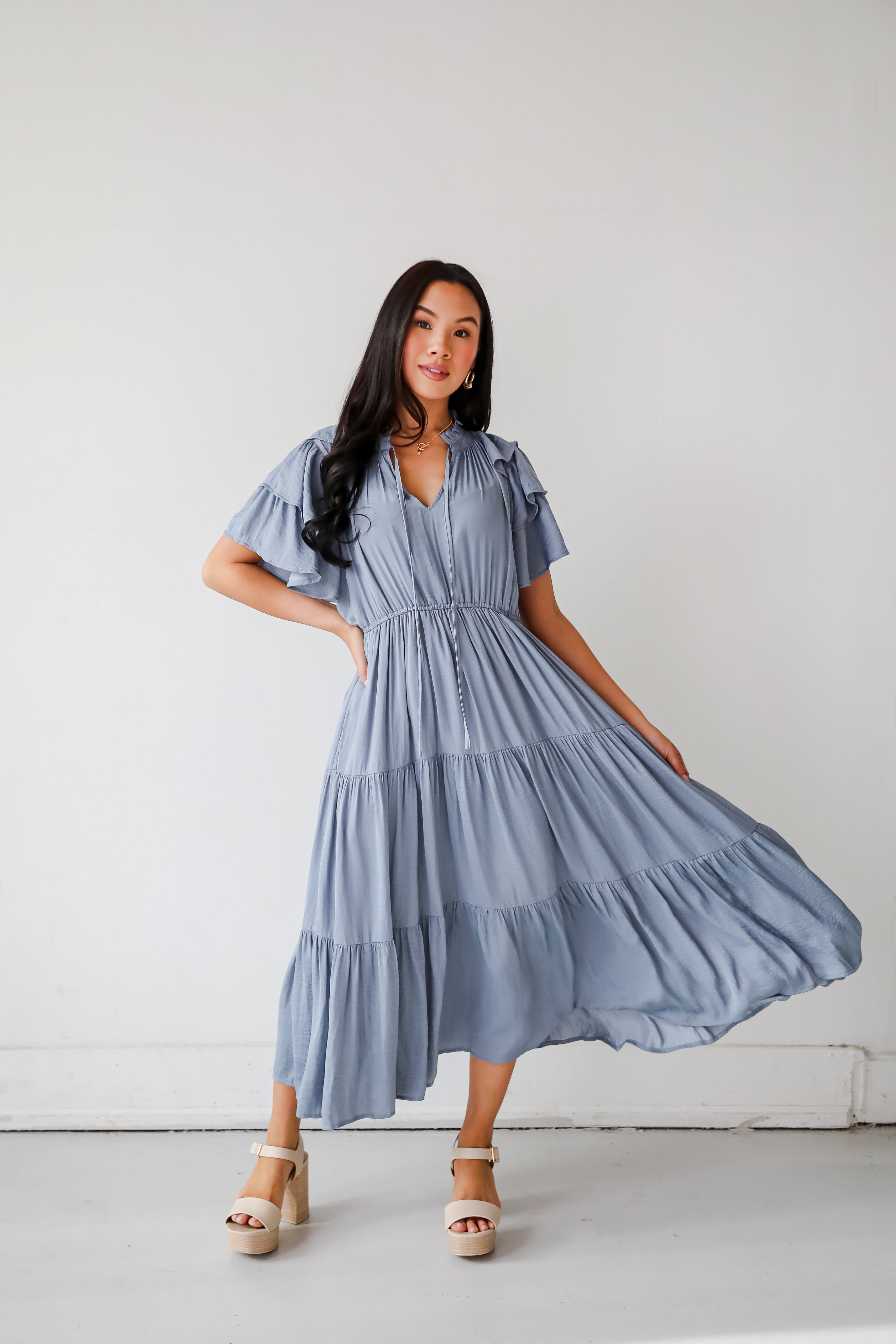 Perfectly Charming Blue Tiered Midi Dress