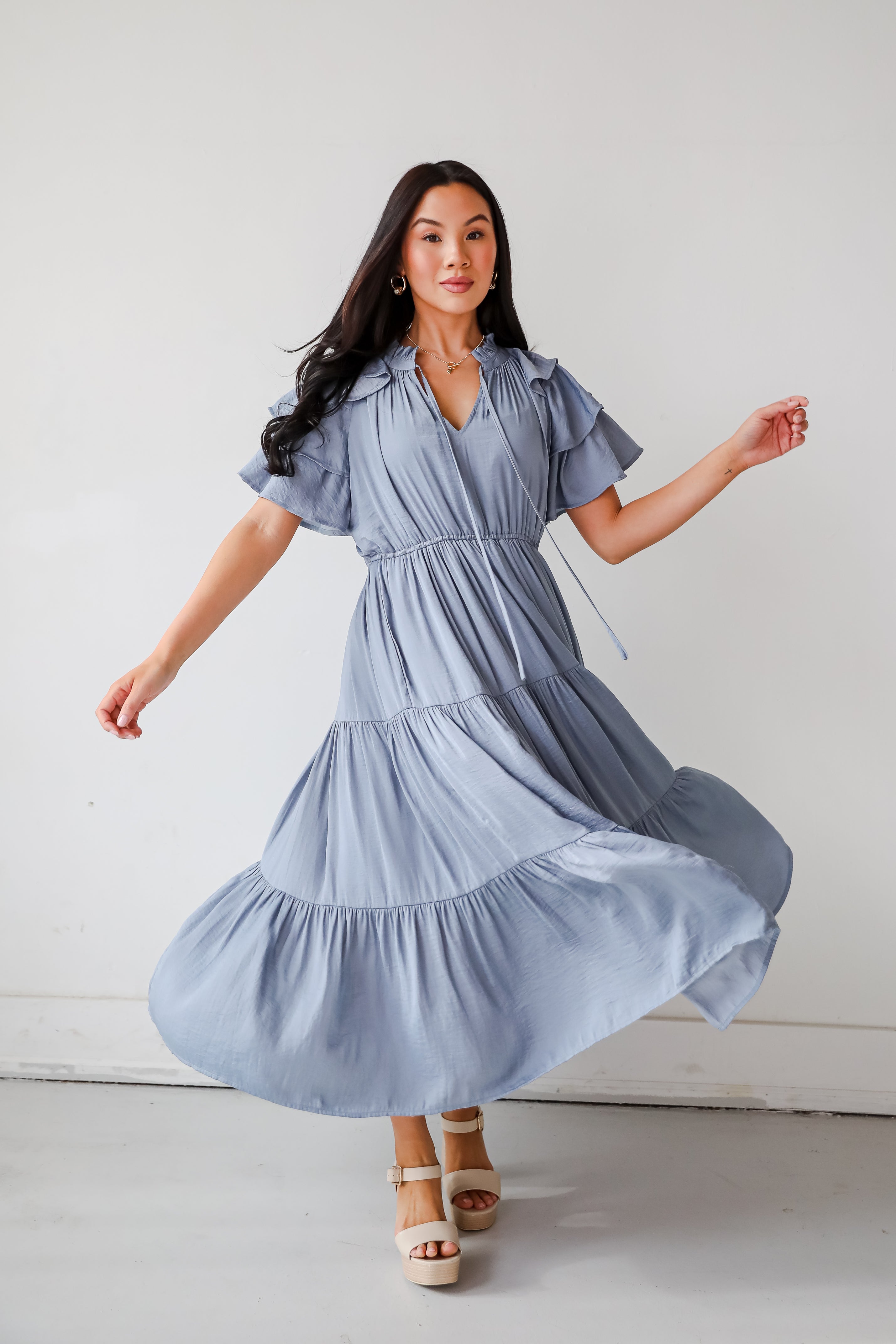 Perfectly Charming Blue Tiered Midi Dress