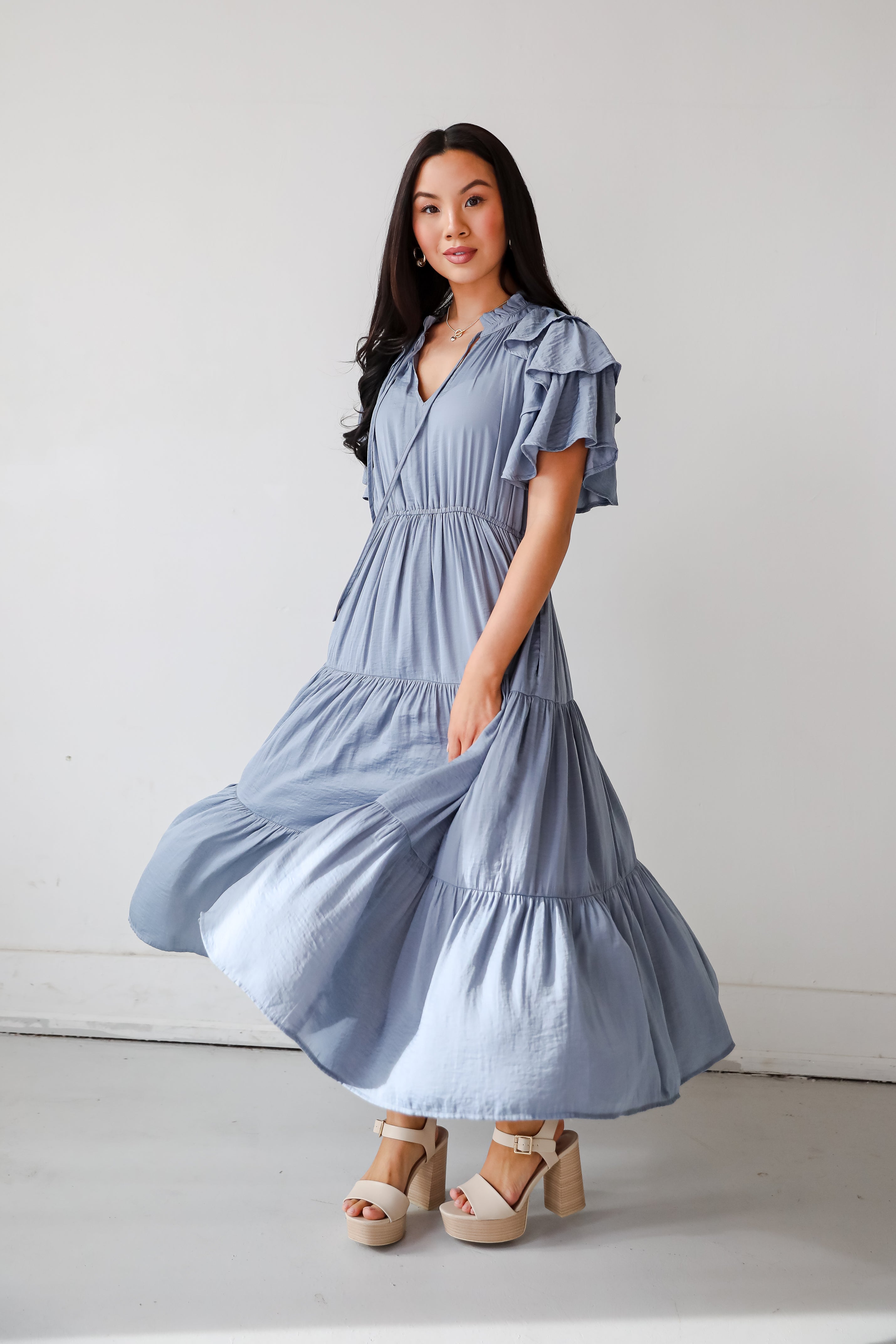 Perfectly Charming Blue Tiered Midi Dress