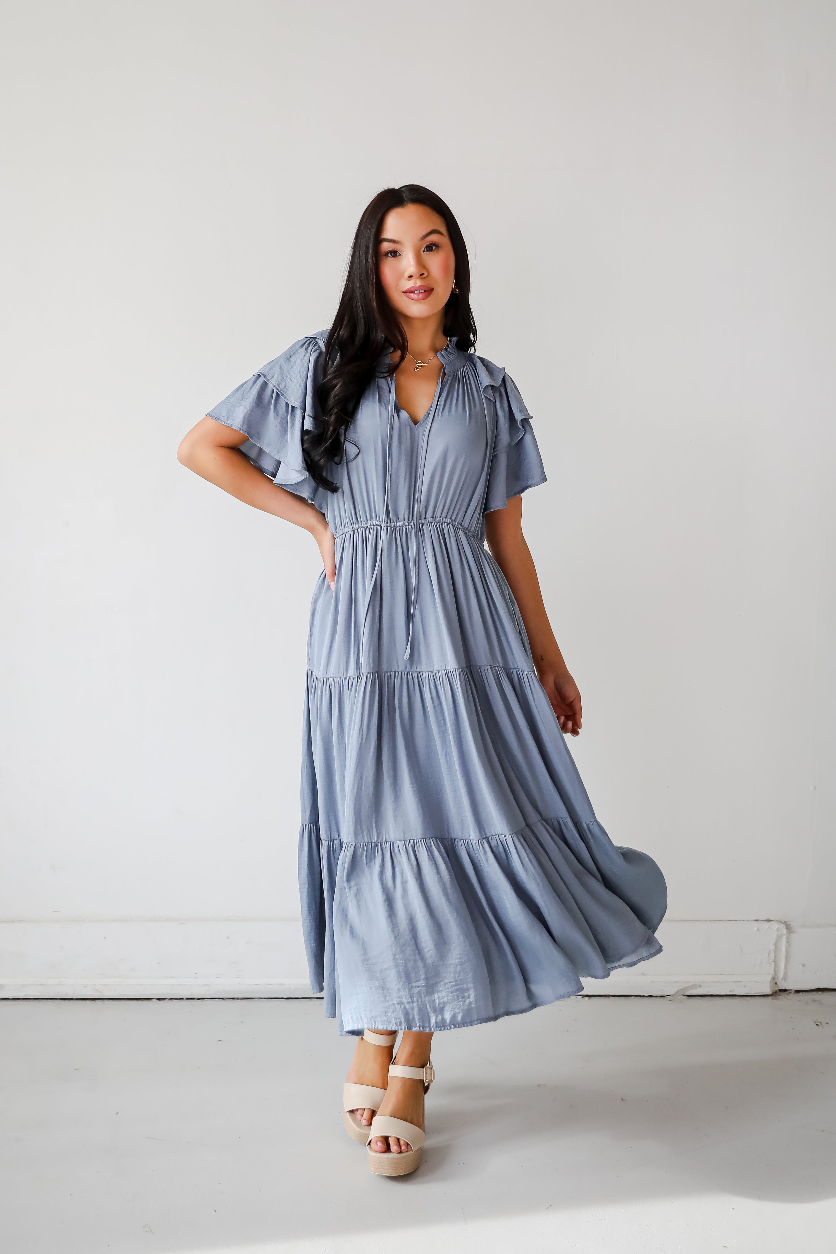 Perfectly Charming Blue Tiered Midi Dress