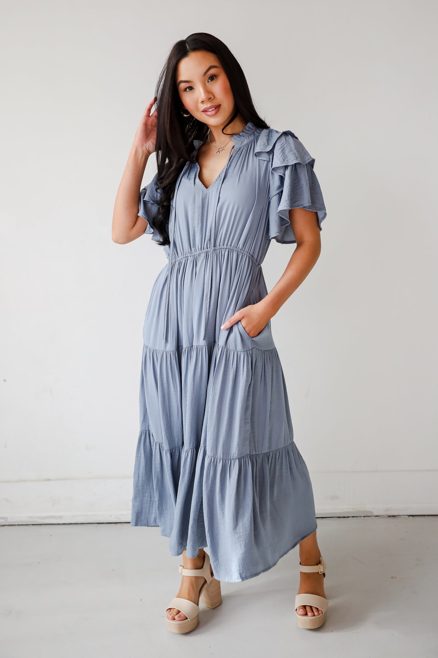 Perfectly Charming Blue Tiered Midi Dress