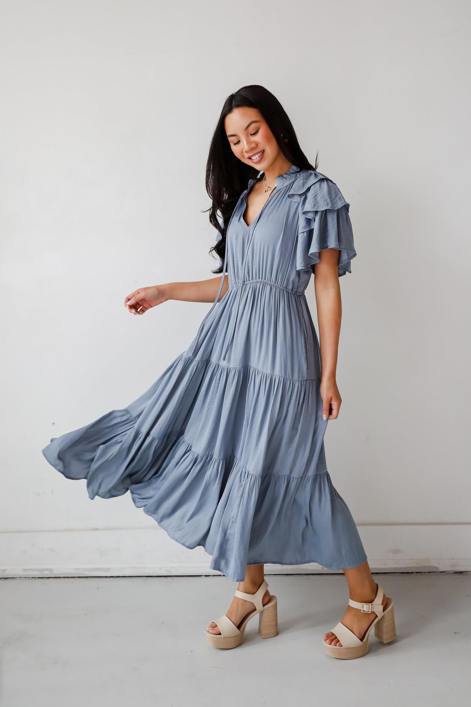 Perfectly Charming Blue Tiered Midi Dress