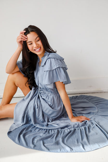 Perfectly Charming Blue Tiered Midi Dress