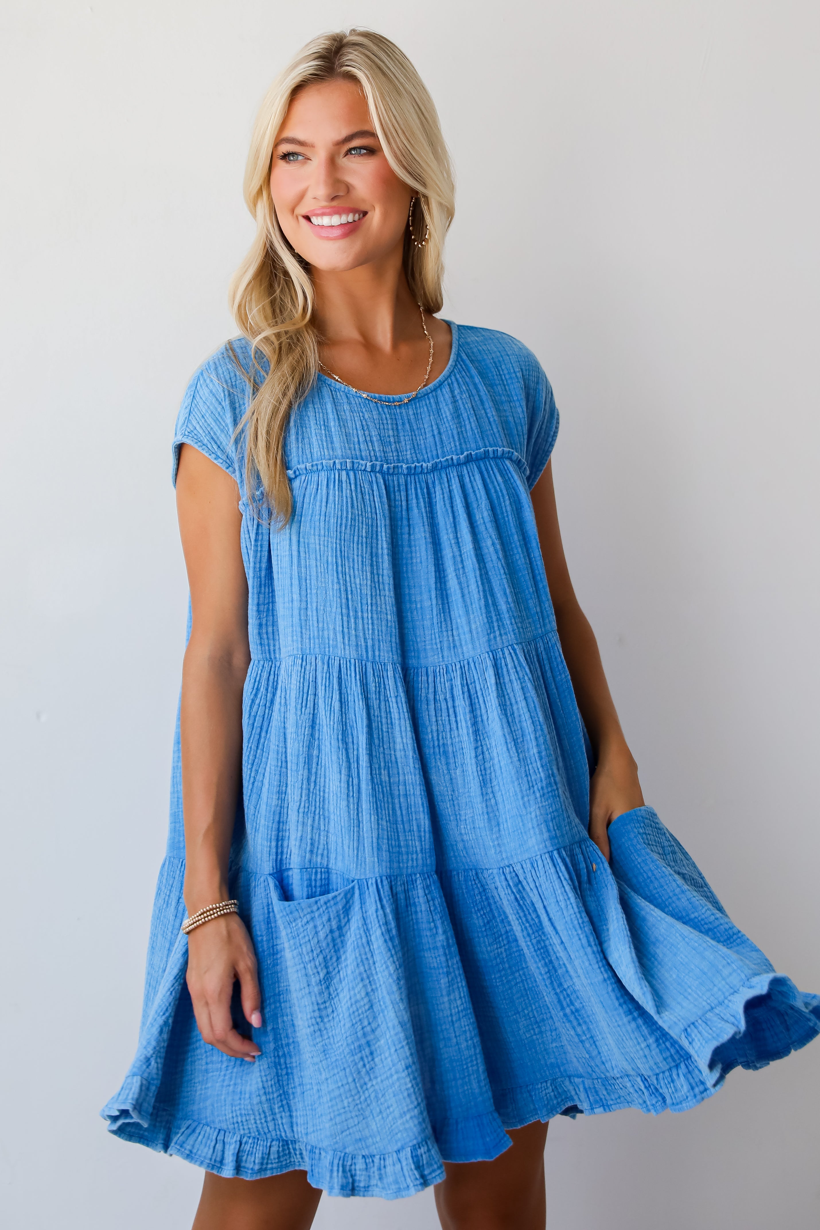 Serene Date Blue Linen Tiered Mini Dress