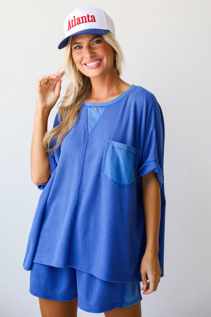 Cute Simplicity Blue Waffle Knit Tee