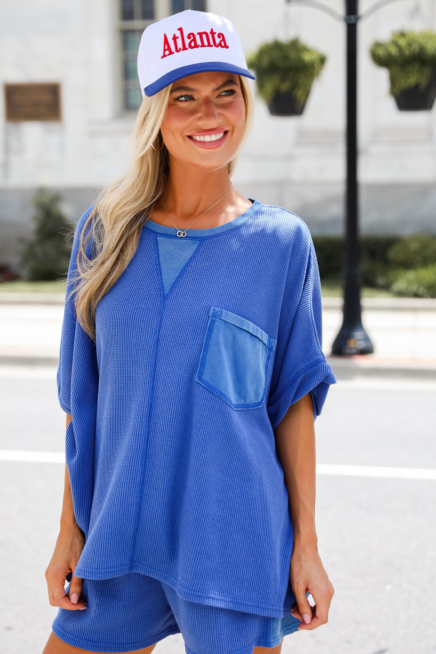 Cute Simplicity Blue Waffle Knit Tee