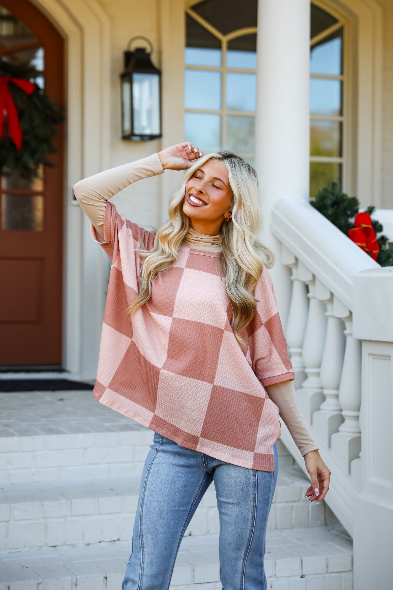 Delaney Blush Checkered Waffle Knit Top