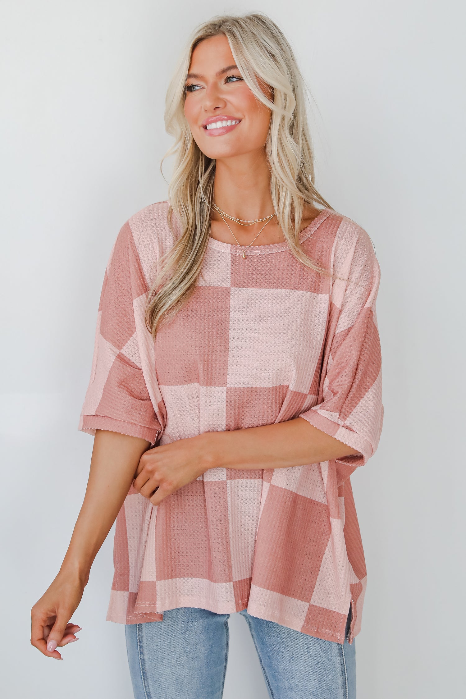 Delaney Blush Checkered Waffle Knit Top