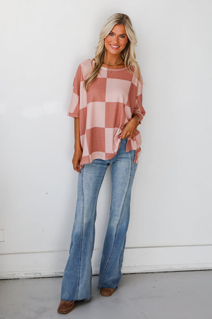 Delaney Blush Checkered Waffle Knit Top