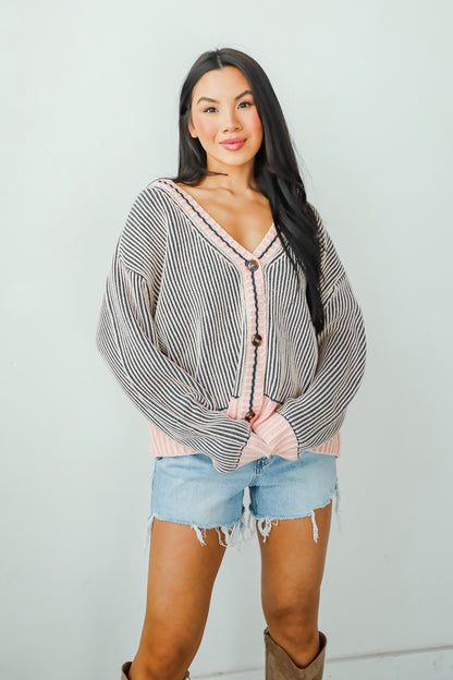 Cozy Expert Blush Striped Sweater Cardigan