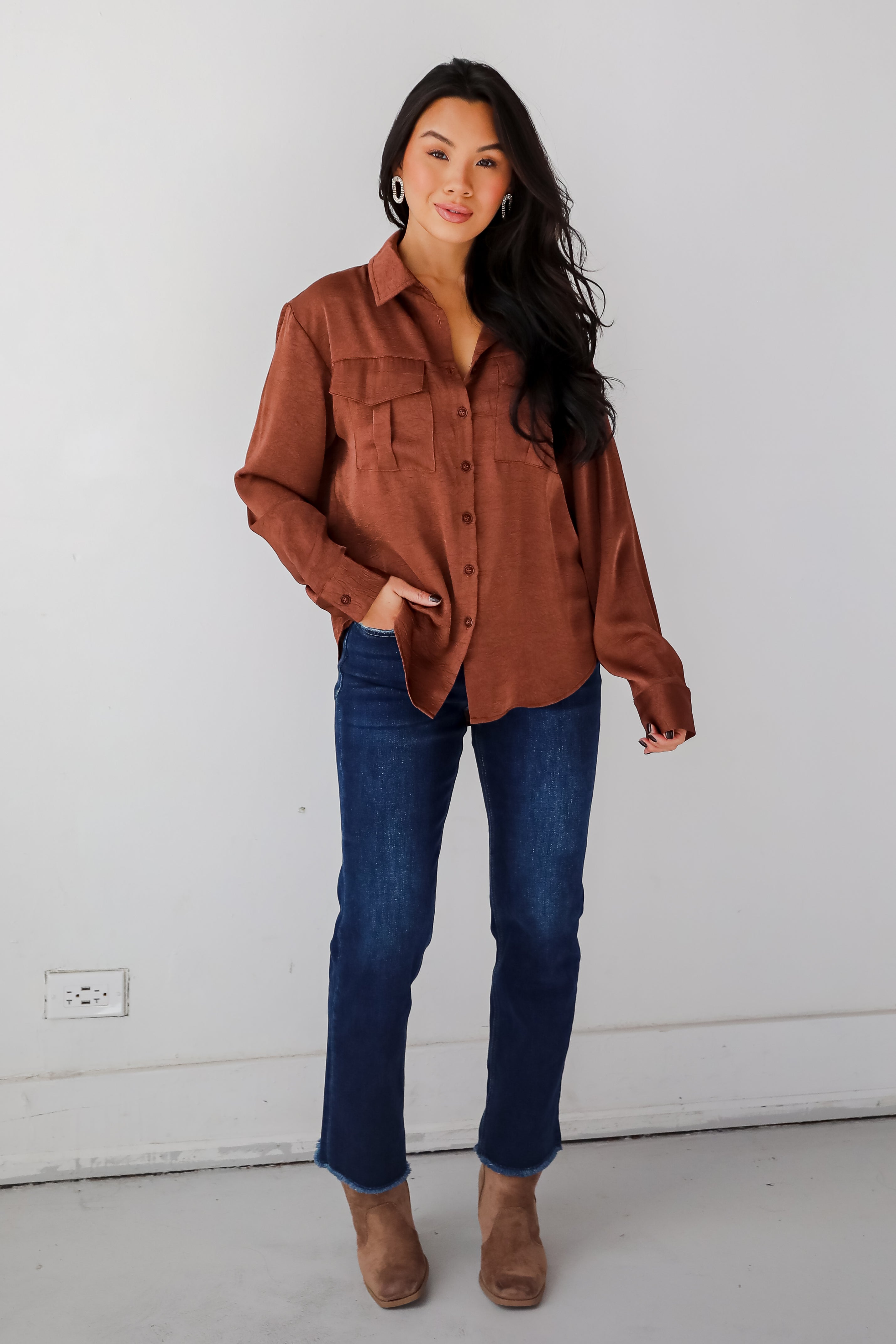 Extravagantly Sleek Brown Button-Up Blouse