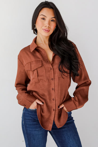 Extravagantly Sleek Brown Button-Up Blouse