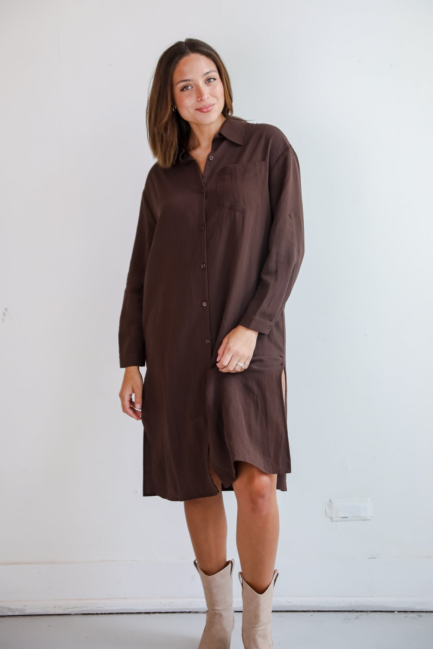 Cherished Chicness Brown Button Front Midi Dress