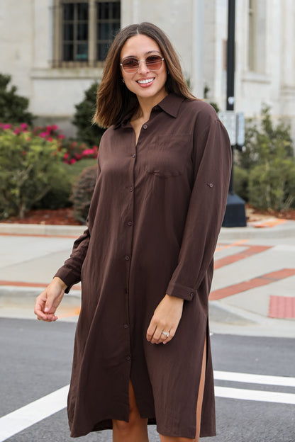 Cherished Chicness Brown Button Front Midi Dress