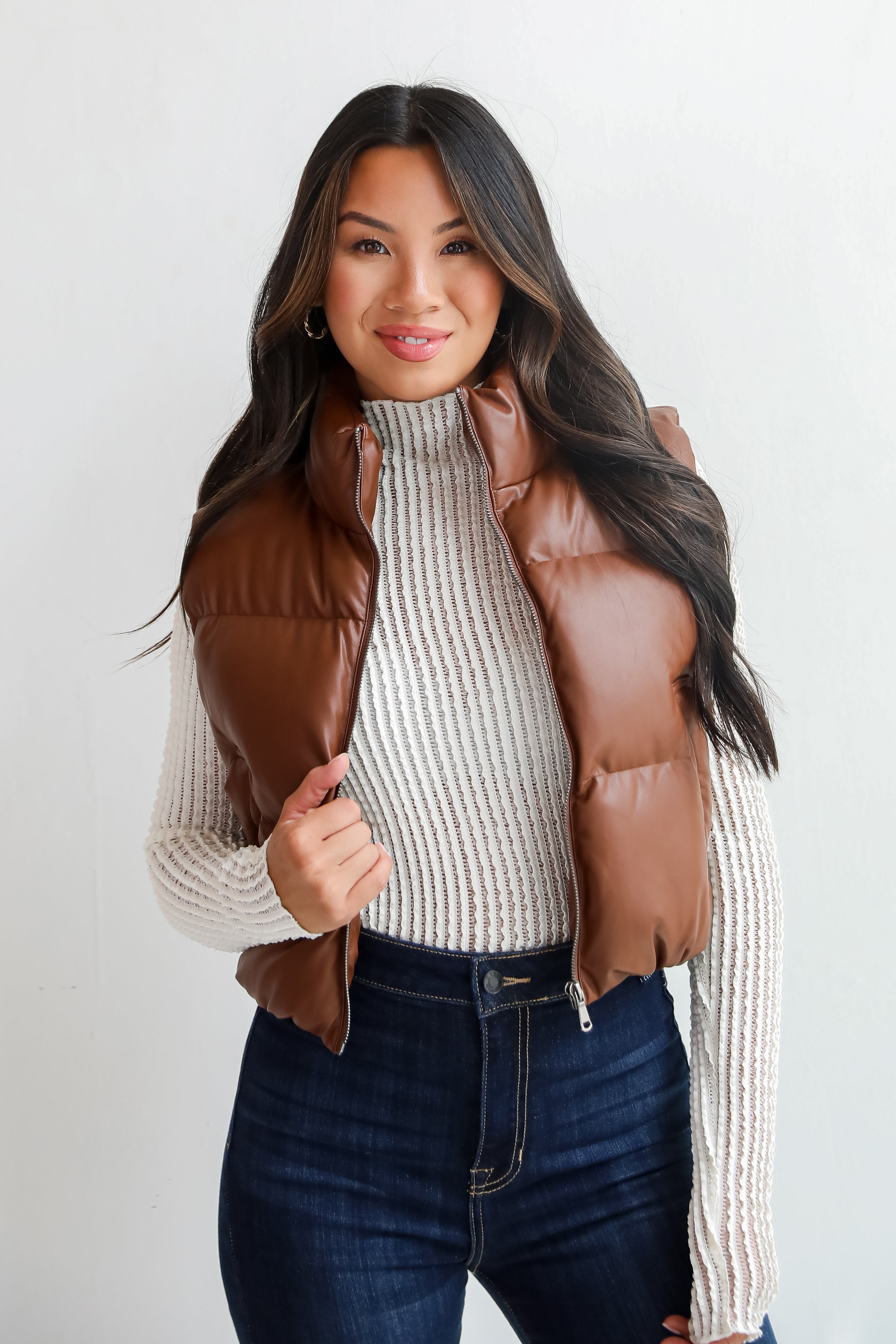 Fave Forecast Chestnut Leather Puffer Vest