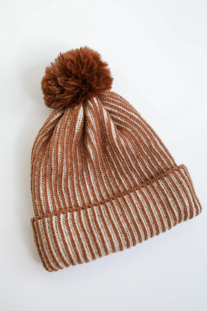 Exceptionally Cozy Brown Ribbed Pom Pom Beanie