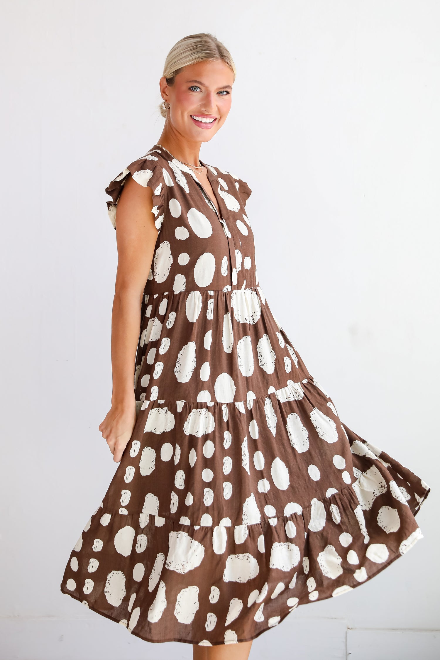 Simply Desirable Brown Dotted Tiered Midi Dress