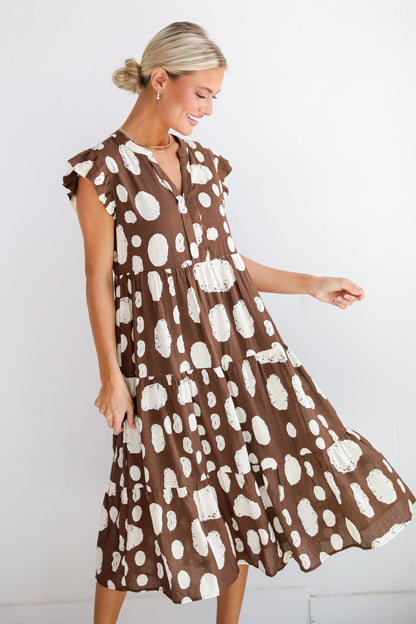 Simply Desirable Brown Dotted Tiered Midi Dress